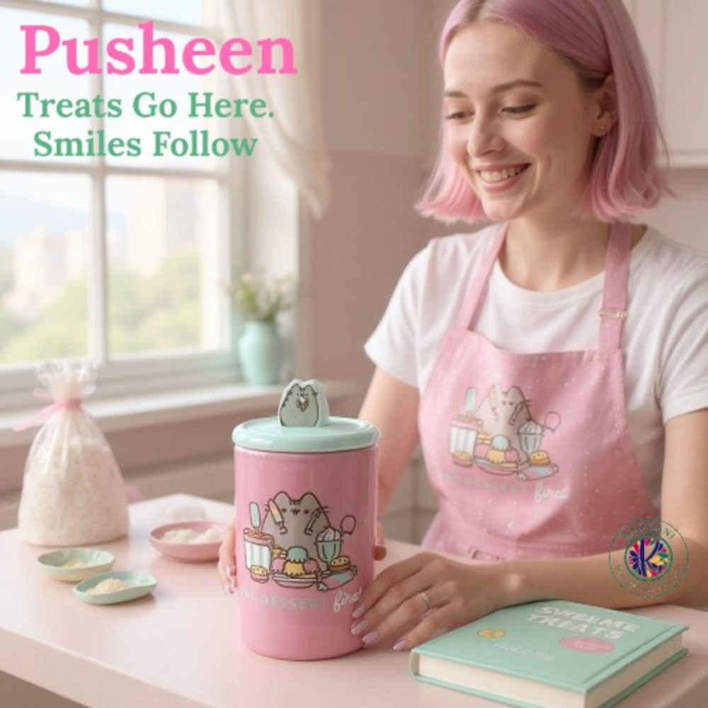 Pusheen Pink Treat Jar – "Eat Dessert First" Ceramic Canister – 7.5" x 4.75" – 2